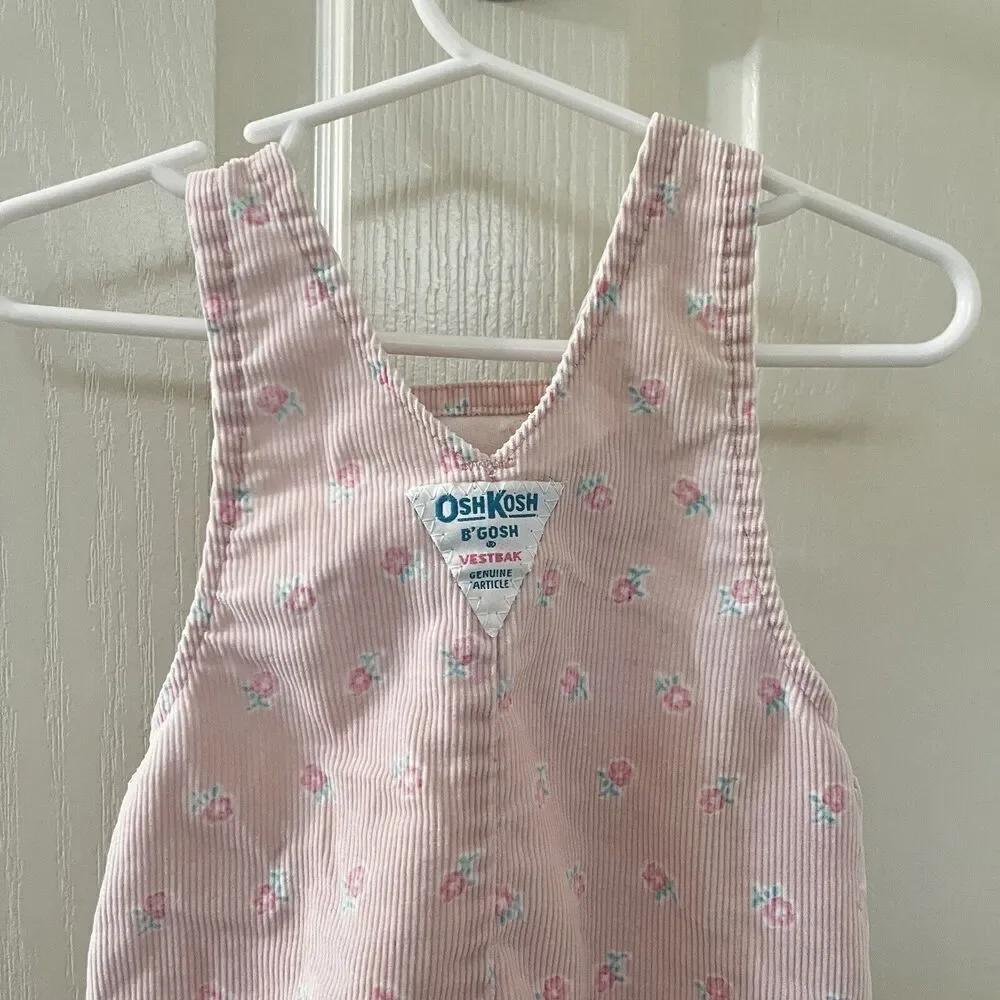 Vintage Oshkosh B'gosh Pink Floral Corduroy Overalls with Feet USA SZ 3-6 Months